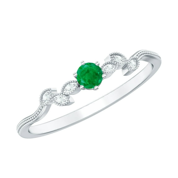 Rosec Jewels Real Emerald and Diamond Ring - Leaf Inspired Promise Ring for Women - Ready to Gift for Valentines Day, 18K White Gold, US 8.50