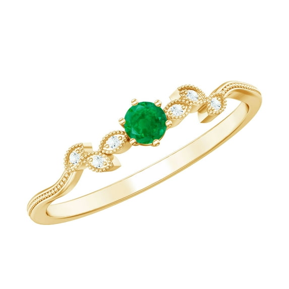 Rosec Jewels Real Emerald and Diamond Ring - Leaf Inspired Promise Ring for Women - Ready to Gift for Valentines Day, 18K Yellow Gold, US 3.00