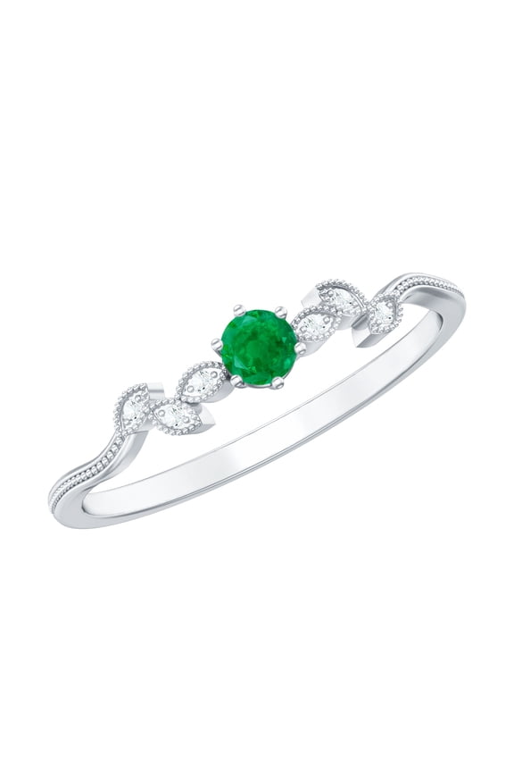 Real Emerald and Diamond Ring - Leaf Inspired Promise Ring for Women - Ready to Gift for Valentines Day, 925 Sterling Silver, US 4.00