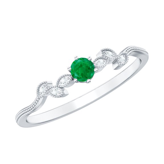 Rosec Jewels Real Emerald and Diamond Ring - Leaf Inspired Promise Ring for Women - Ready to Gift for Valentines Day, 925 Sterling Silver, US 4.00