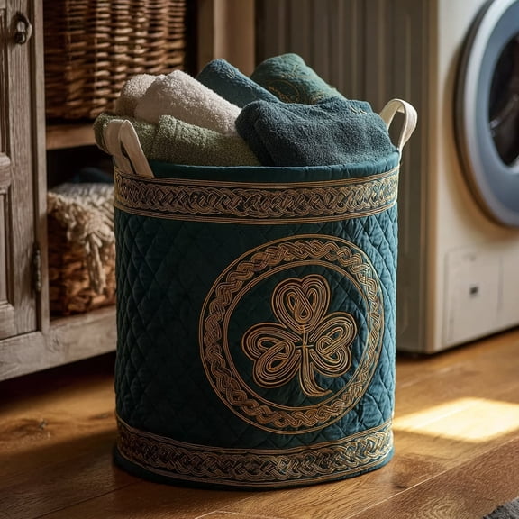 Emerald Luck Charm Quilted Storage Basket, Heritage Decor Clothes Hamper for Home Decor