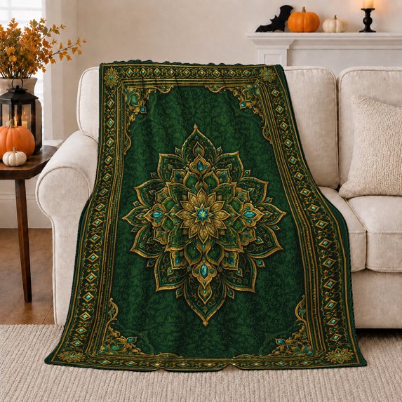 Emerald Mandala with Gold Filigree, Elegant Boho Style for Mandala Lovers, Ornate Floral Center and Housewarming Gift, Cozy Flannel Blanket for Bedroom and Reading Nook, Home Decor