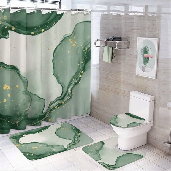 Emerald Marble Gold Flecks Shower Curtain Sets Non-Slip Rugs Bath Mat Toilet Cover U Shaped Mat 4 Pcs