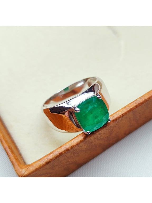 Emerald Mens Ring, Cushion cut emerald ring, 925 sterling silver ring, Natural touch Emerald Ring, Cushion Emerald Ring, Hand Made Ring