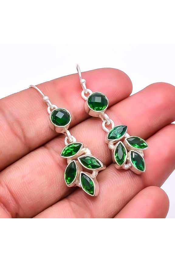 Emerald Multi Collet 925 Sterling Silver Earring 2.03", Green Emerald Earring E_8004_334_7, New Year Sale, Valentin's Day Gift