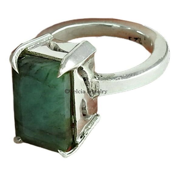 Emerald Natural Rectangle Ring, Solid 925 Sterling Silver Green Stone Ring, Solitaire Ring, Promise Ring, Friendship Gifts, Unique Bridesmaid Gifts, Best Mothers Day Gifts, May Birthstone Size 10