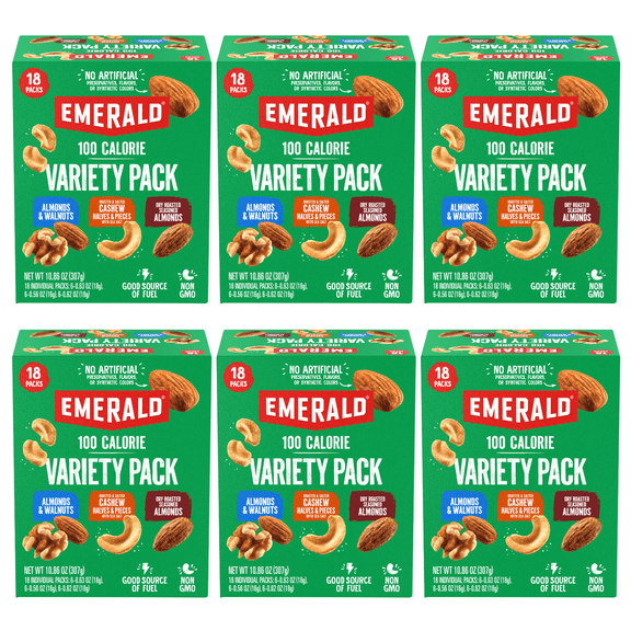 Emerald Nuts Variety Pack, 100 Calorie Almonds, Walnuts, Cashews, 18 Count (Pack of 6)