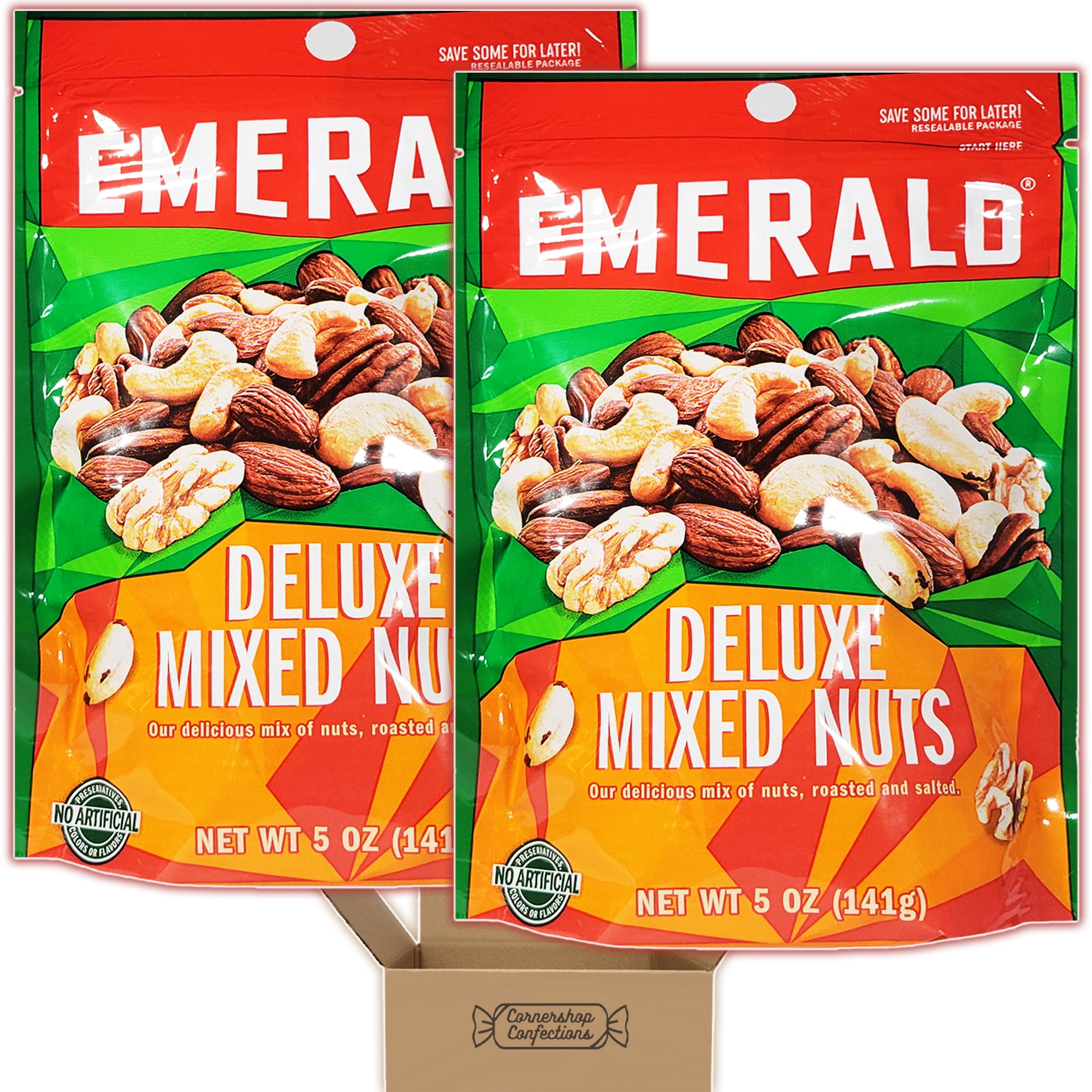 Emerald Nuts Bulk Pack - Deluxe Mixed Nuts - 2, 5 Ounce Bags - Non-GMO, Kosher, No Artificial Preservatives, Colors Or Flavors And No High Fructose Corn Syrup in Cornershop Confections Pack