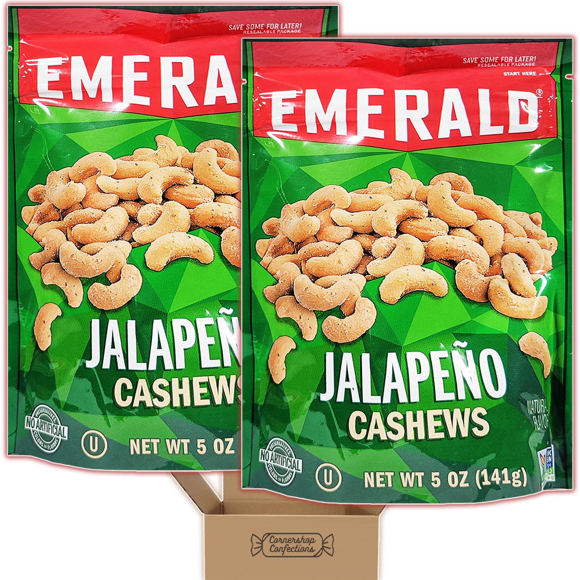 Emerald Nuts Bulk Pack - Jalapeno Cashews - 2, 5 Ounce Bags - Non-GMO, Gluten-Free, Kosher, No Artificial Preservatives, Colors, Flavors Or High Fructose Corn Syrup in Cornershop Confections Pack