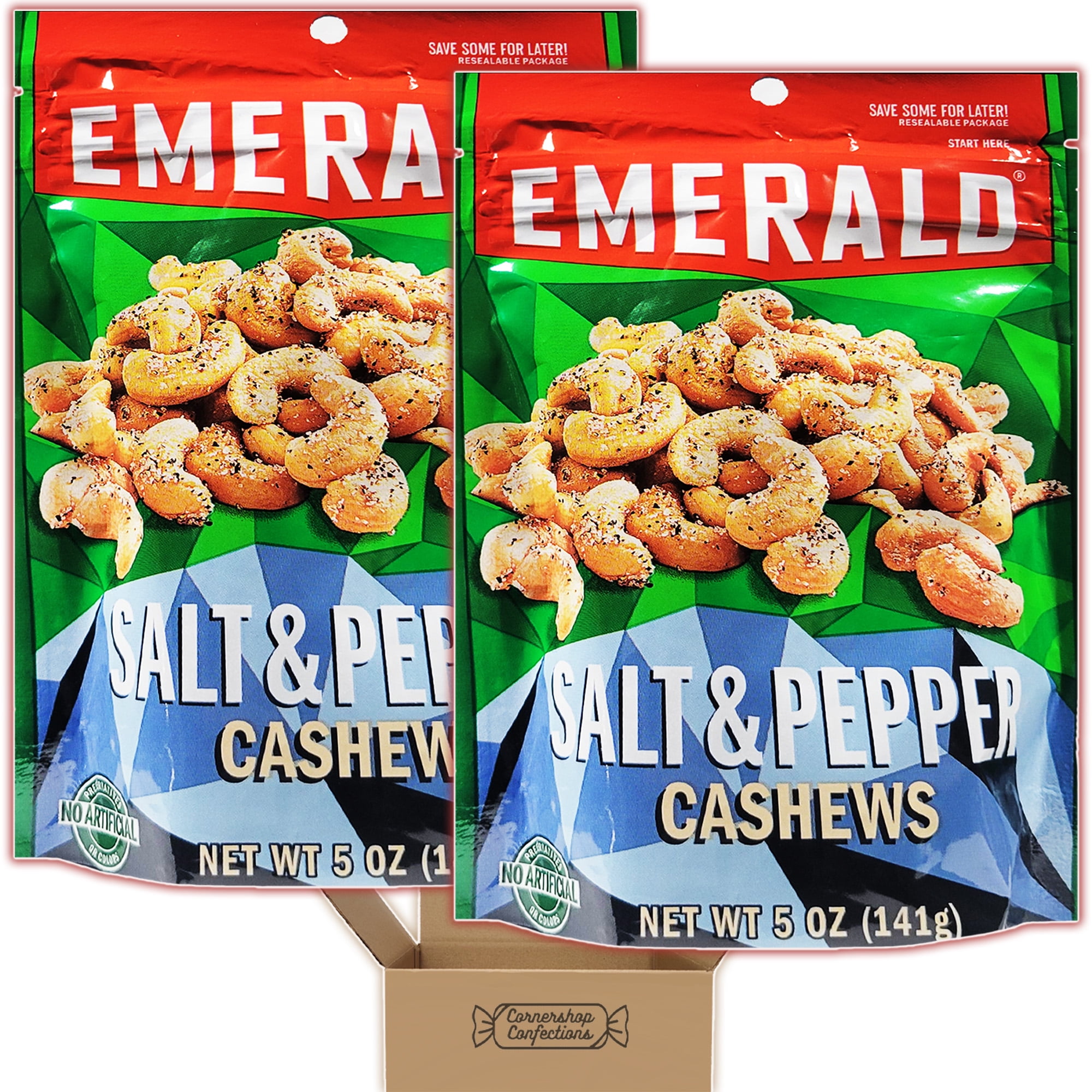 Emerald Nuts Bulk Pack - Salt & Pepper Cashews - 2, 5 Ounce Bags - Non-GMO, Kosher, No Artificial Preservatives, Colors Or Flavors And No High Fructose Corn Syrup in Cornershop Confections Pack