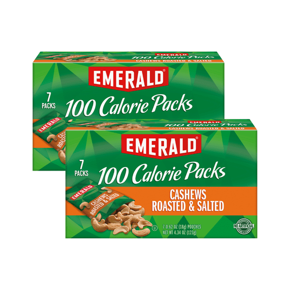Emerald Nuts, Cashews Roasted & Salted, 100 Calorie Packs, 7 Ct, 4.34 oz (Pack of 2)