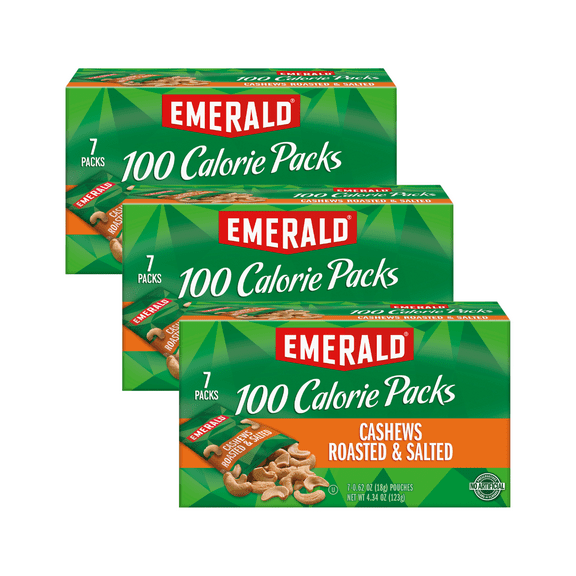 Emerald Nuts, Cashews Roasted & Salted, 100 Calorie Packs, 7 Ct, 4.34 oz (Pack of 3)
