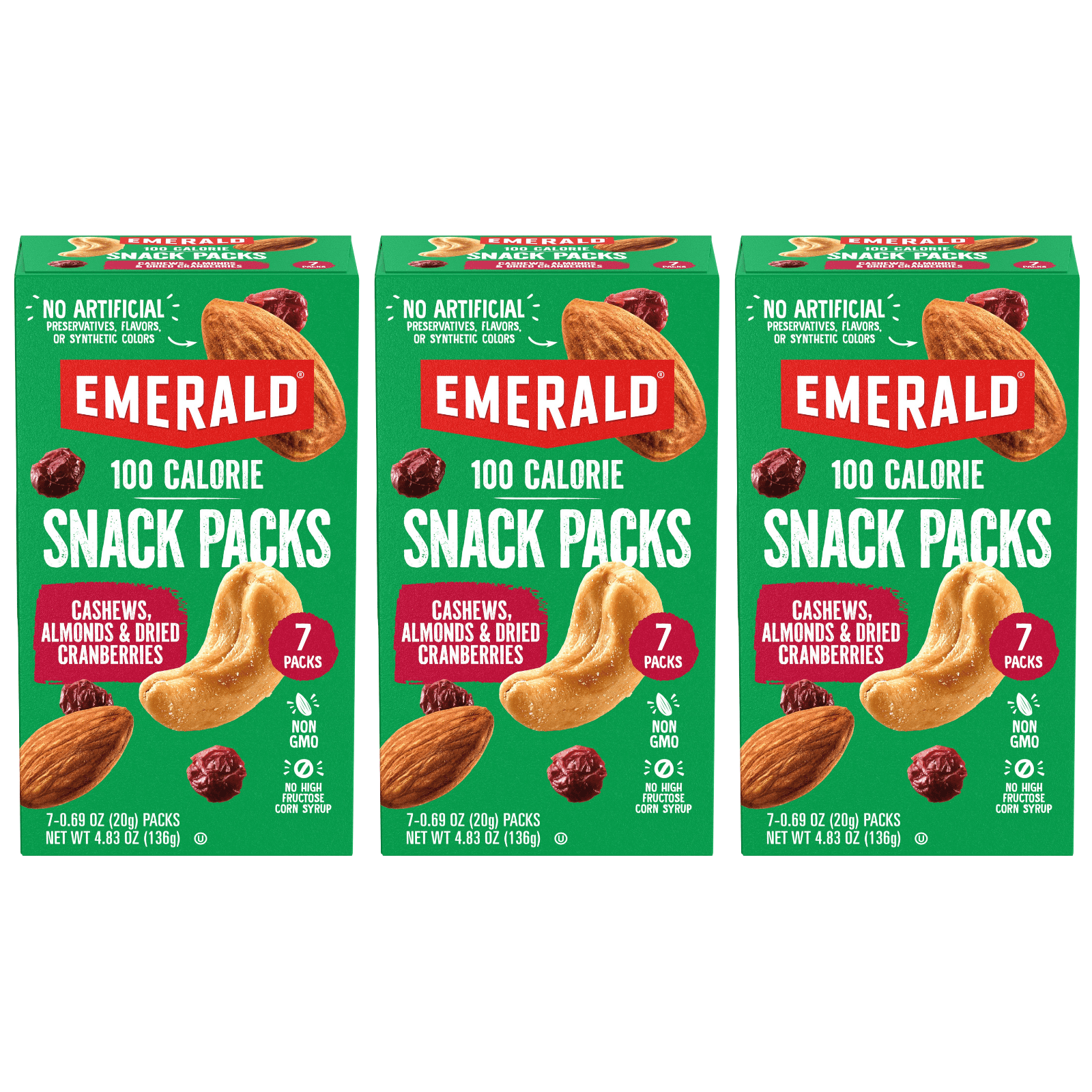 Emerald Nuts Cashews and Almonds With Dried Cranberries, 100 Calorie Packs, 4.83 oz (Pack of 3)