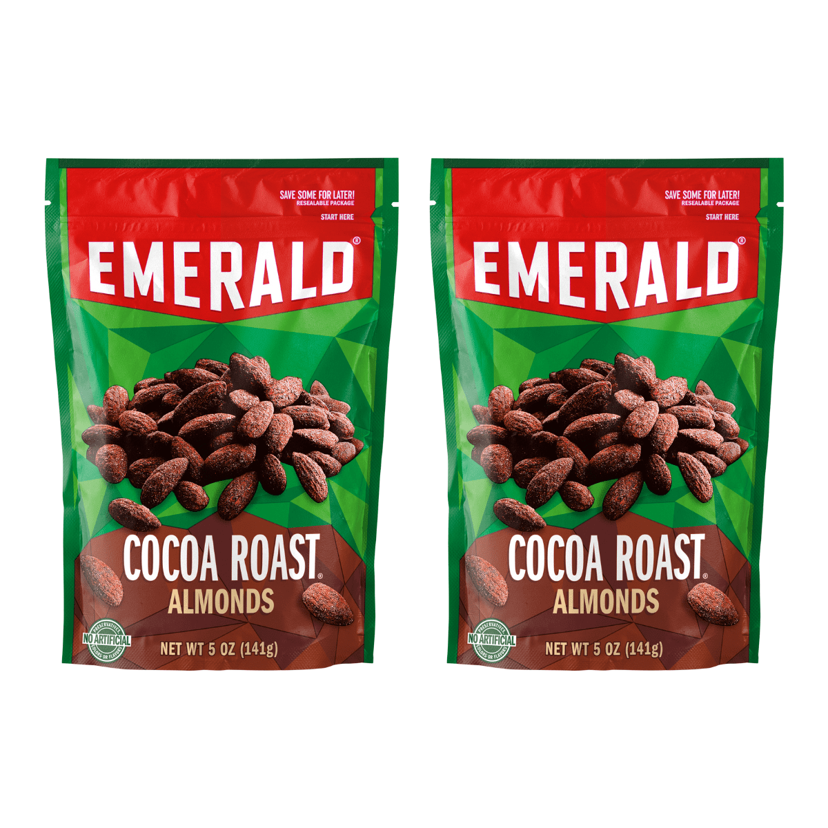 Emerald Nuts, Cocoa Roast Almonds, 5 oz Resealable Bag (Pack of 2