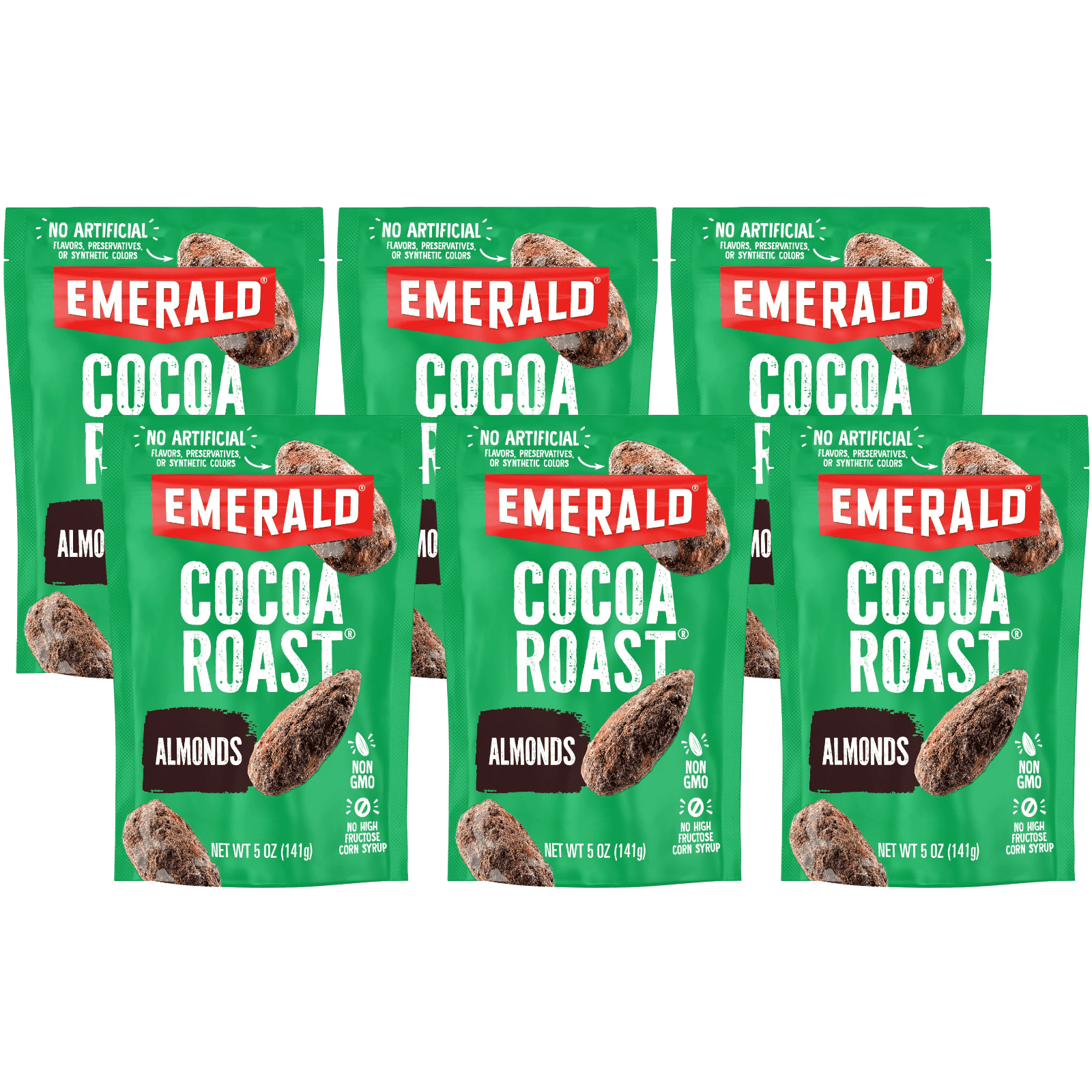 Emerald Nuts, Cocoa Roast Almonds, 5 oz Resealable Bag (Pack of 6)