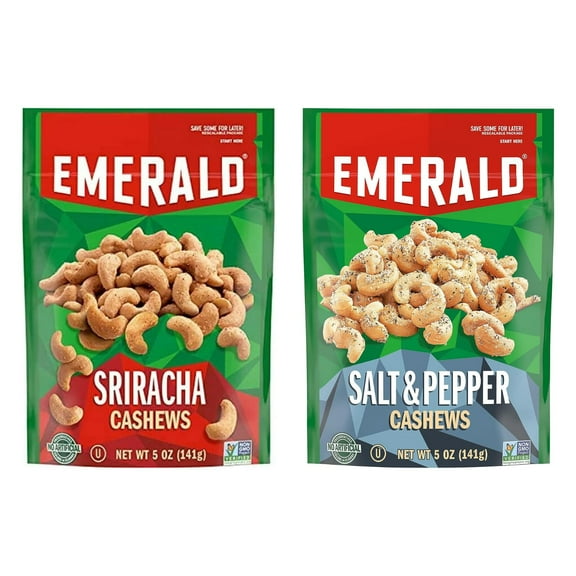 Emerald Nuts Combo (Variety YPF5Pack) Featuring Salt and Sriracha Seasoned Cashews | 5 Oz Resealable Bags | Kosher Certified, Non-GMO, Contains No Artificial Preservatives or Synthetic Colors