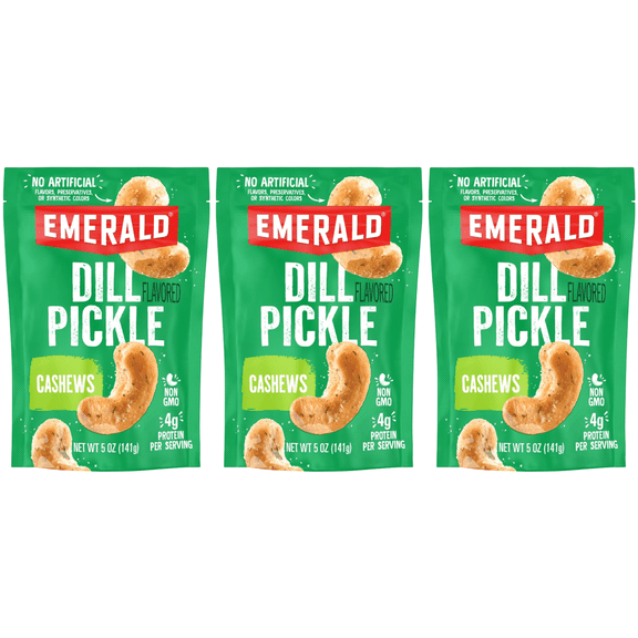 Emerald Nuts, Dill Pickle Seasoned Cashews, 5 oz, Resealable Bag (Pack of 3)