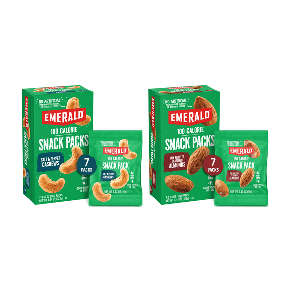 Emerald Nuts Dry Roasted Almonds & Salt and Pepper Seasoned Cashews 100-Calorie Individual Packs, 7 CT Each (Variety Pack)