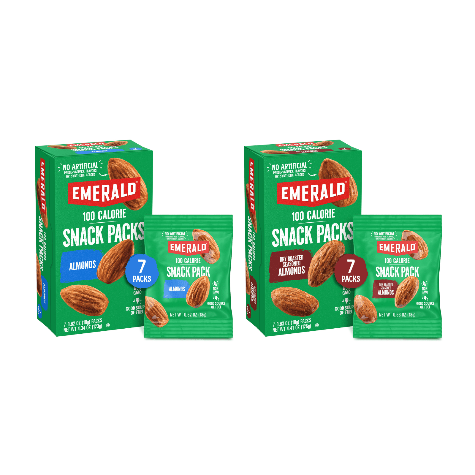 Emerald Nuts Dry Roasted Almonds & Whole Almonds, 100-Calorie Individual Packs, 7 CT Each (Variety Pack)