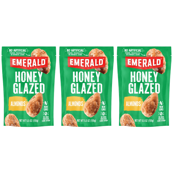 Emerald Nuts, Honey Glazed Almonds, 5.5 oz, Resealable Bag (Pack of 3)