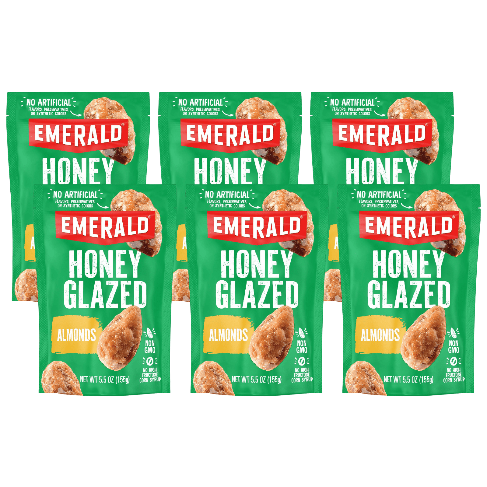 Emerald Nuts, Honey Glazed Almonds, 5.5 oz, Resealable Bag (Pack of 6)
