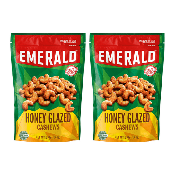 Emerald Nuts, Honey Glazed Cashews, 5 oz, Resealable Bag (Pack of 2)
