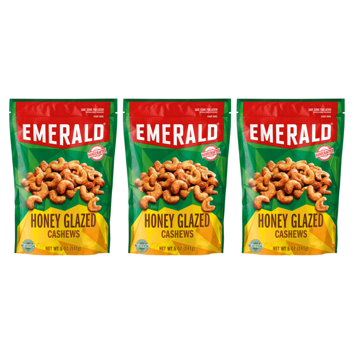 Emerald Nuts, Honey Glazed Cashews, 5 oz, Resealable Bag (Pack of 3)