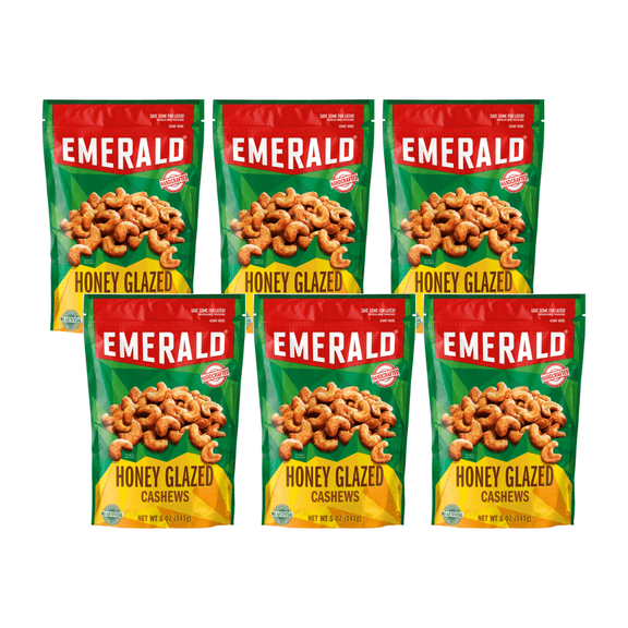 Emerald Nuts, Honey Glazed Cashews, 5 oz, Resealable Bag (Pack of 6)