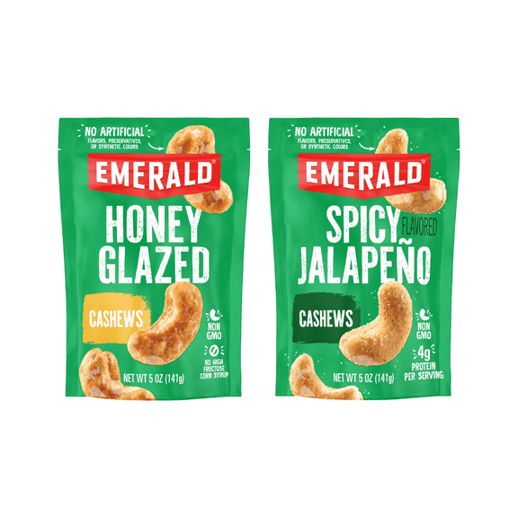 Emerald Nuts Honey Glazed & Jalapeno Flavored Cashews, 5.5 oz Resealable bags (Variety Pack)