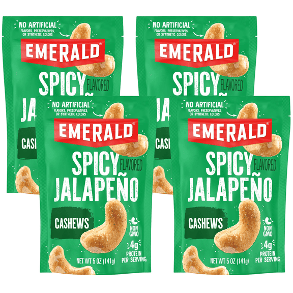 Emerald Nuts Jalapeno Cashews, 5 oz, Resealable Bag (Pack of 4)