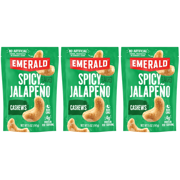 Emerald Nuts Jalapeno Cashews, 5 oz, Resealable Bag (Pack of 3)