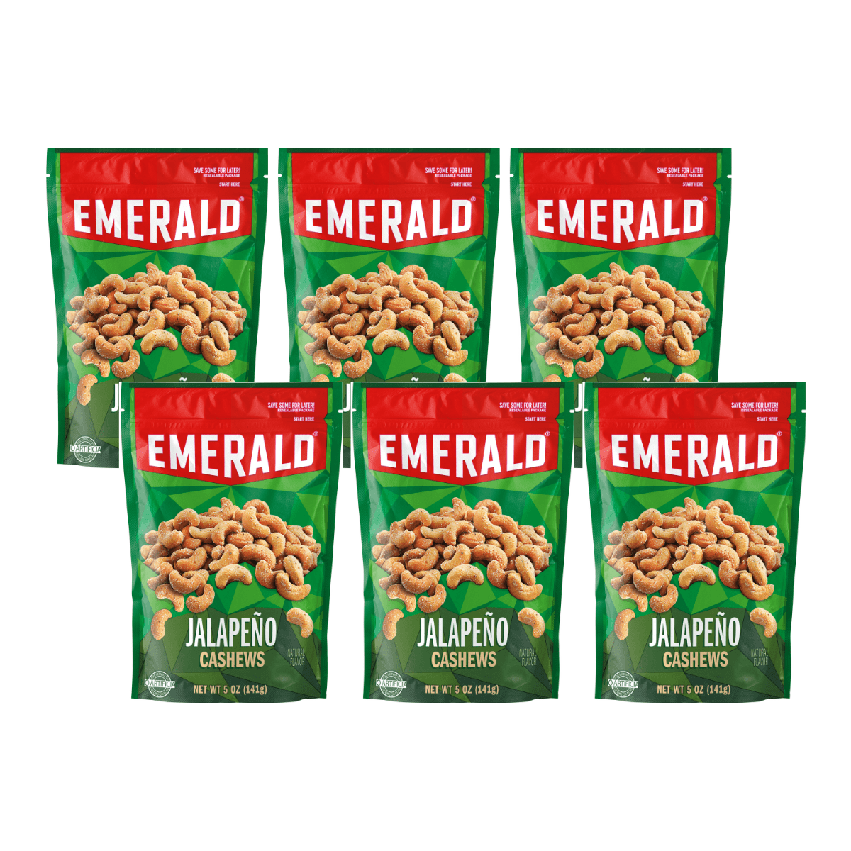 Emerald Nuts, Jalapeno Cashews, 5 oz, Resealable Bag (Pack of 6)