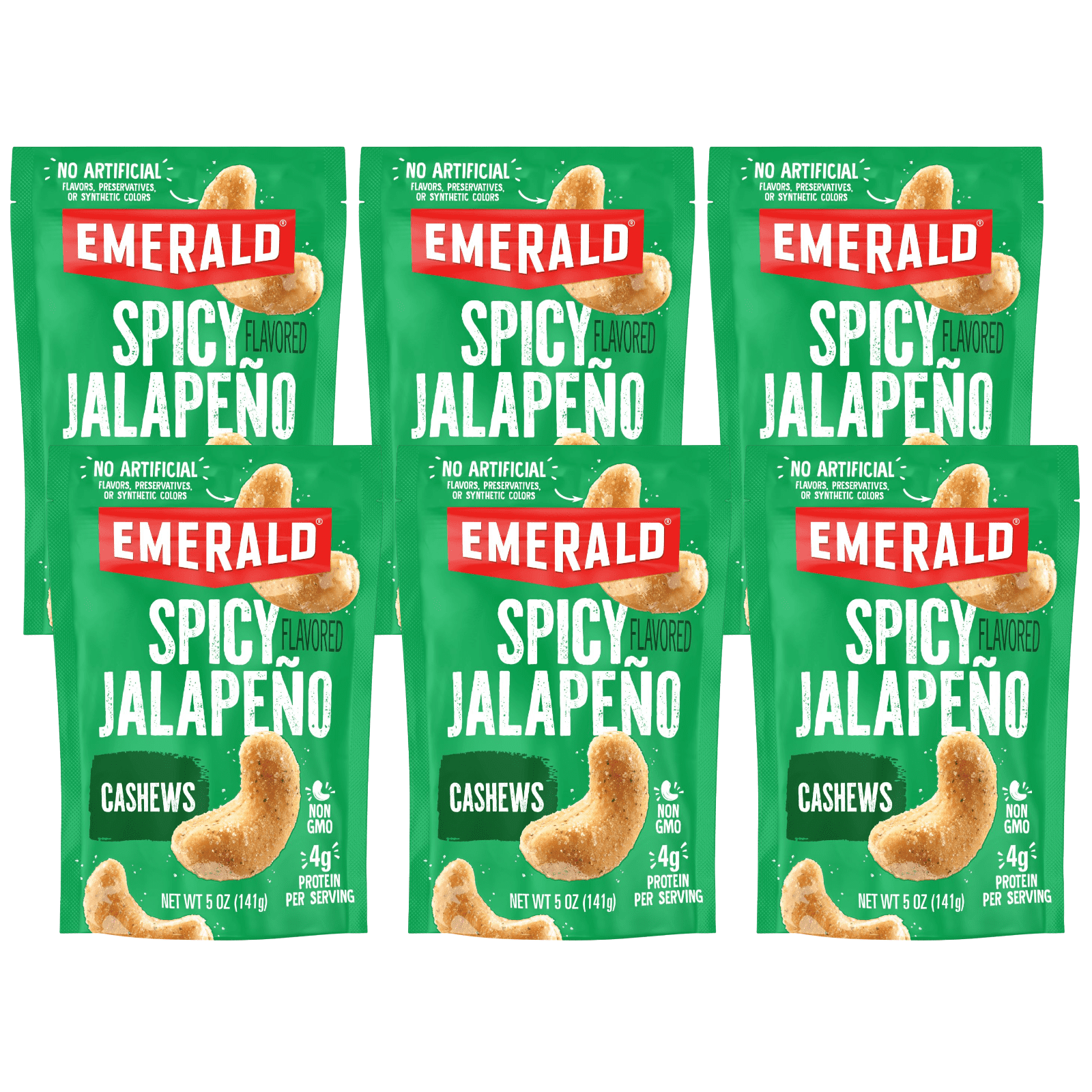 Emerald Nuts Jalapeno Cashews, 5 oz, Resealable Bag (Pack of 6)