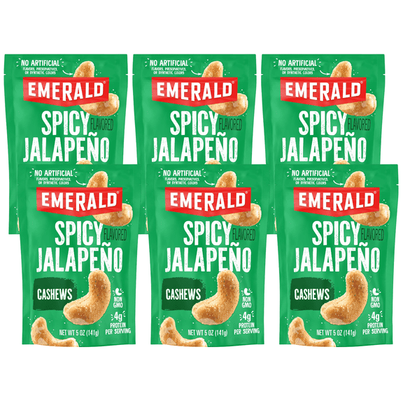 Emerald Nuts Jalapeno Cashews, 5 oz, Resealable Bag (Pack of 6)