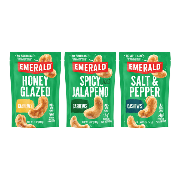 Emerald Nuts Jalapeno, Honey Glazed, Salt and Pepper Seasoned Cashews 5.5 oz Resealable bags (3 Pack Variety)