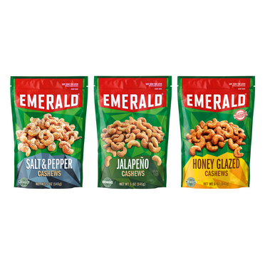Emerald Nuts Jalapeno, Honey Glazed, Salt and Pepper Seasoned Cashews 5.5 oz Resealable bags (3 Pack Variety)