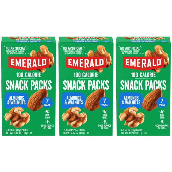 Emerald Nuts, Natural Walnuts & Almonds, 100 Calorie Packs, 7 Ct, 3.92 oz (Pack of 3)