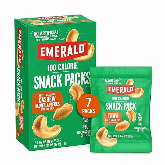 Emerald Nuts Roasted and Salted Cashews 7ct (1-Pack), 100-Calorie Individual Packs, Kosher Certified, Non-GMO, Contains No Artificial Preservatives, Flavors or Synthetic Colors( Pack of 2 )