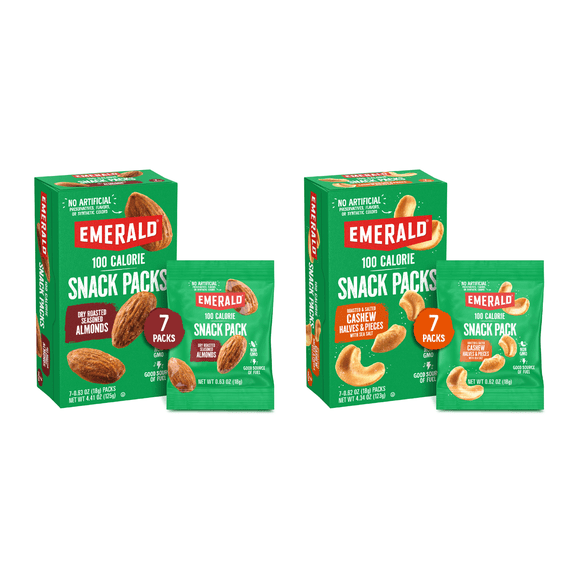 Emerald Nuts Roasted and Salted Cashews & Dry Roasted Almonds, 100-Calorie Individual Packs, 7CT Each (variety Pack)