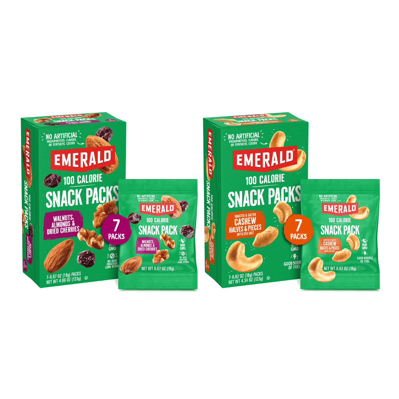 Emerald Nuts Roasted and Salted Cashews & Walnuts & Almonds with Dried Cherries, 100 Calorie Pack, 7 CT Each (Variety Pack)