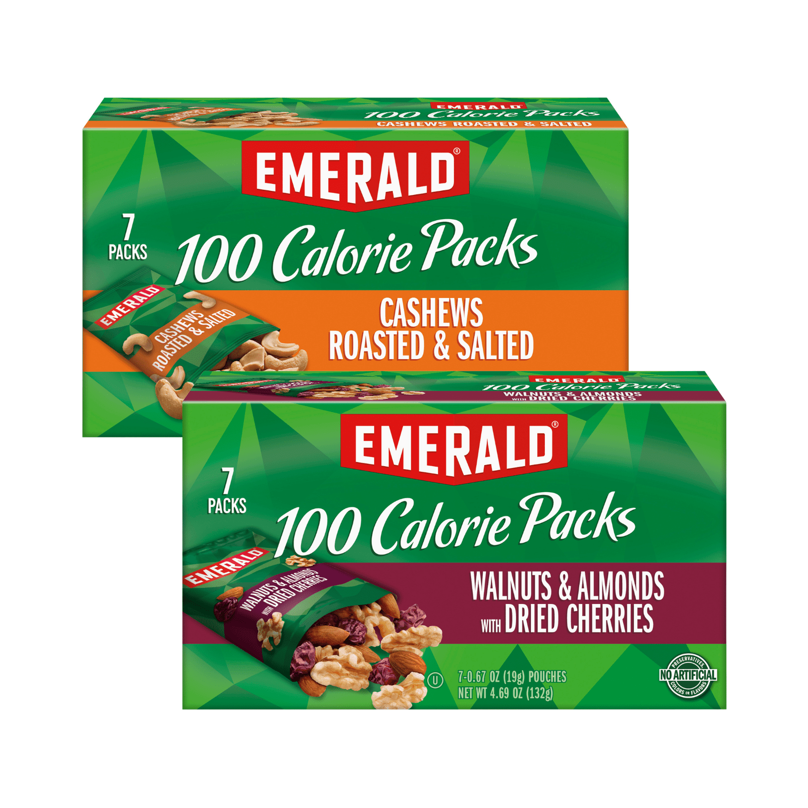 Emerald Nuts Roasted and Salted Cashews & Walnuts & Almonds with Dried Cherries, 100 Calorie Pack, 7 CT Each (Variety Pack)