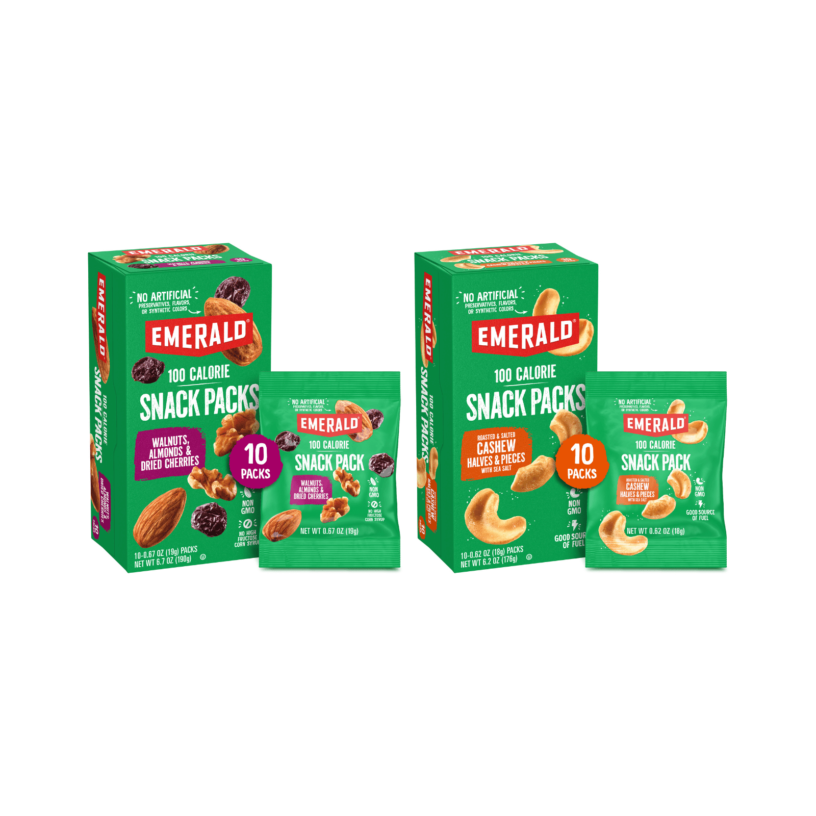 Emerald Nuts Roasted and Salted Cashews and Walnuts & Almonds with Dried Cherries, 100 Calorie variety Pack (10 Each)
