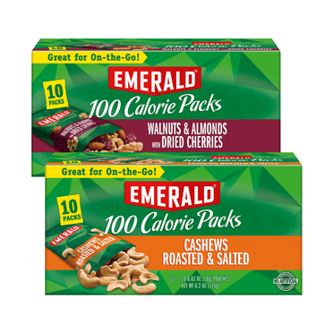 Emerald Nuts Roasted and Salted Cashews and Walnuts & Almonds with Dried Cherries, 100 Calorie variety Pack (10 Each)