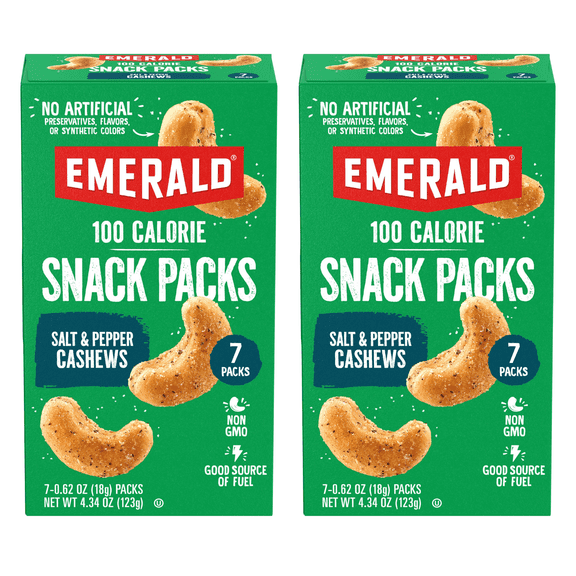 Emerald Nuts, Salt & Pepper Cashews, 100 Calorie Packs, 7 Ct, 4.34 oz (Pack of 2)
