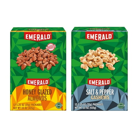 Emerald Nuts Salt & Pepper Seasoned Cashews 16 Oz + Honey Glazed Almonds 16 Oz Variety Pack