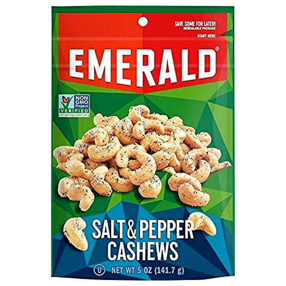 Emerald Nuts, Salt and AIF4&nbsp;Pepper Cashews, Stand Up Resealable Bag, 5 Ounce (Pack of 6)
