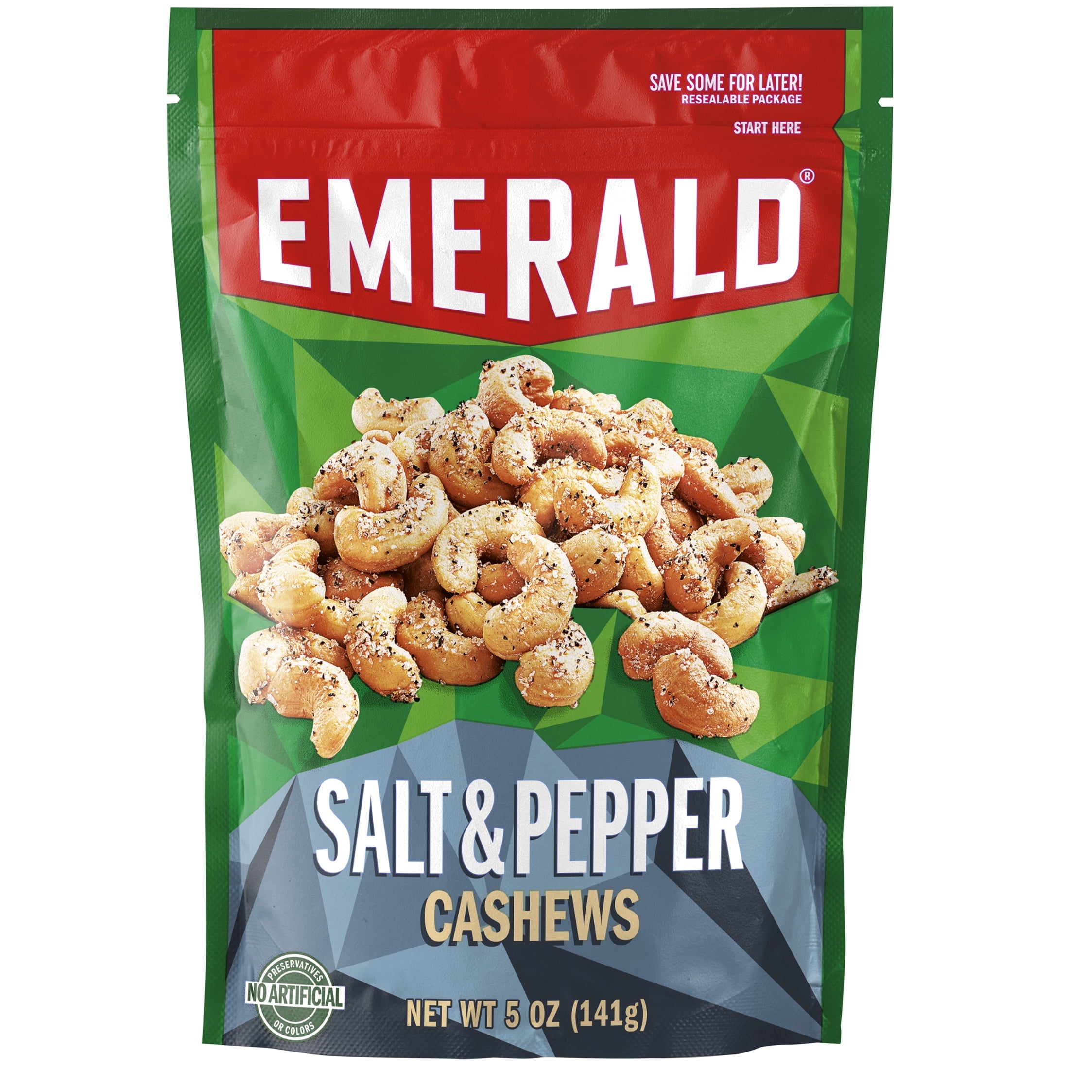 Emerald Nuts, Salt and Pepper Cashews, Stand Up Resealable Bag, 5 Ounce