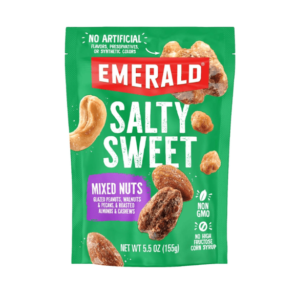 Emerald Nuts Salty Sweet Mixed Nuts (1-Pack), Features Kettle Glazed Peanuts, Almonds, Cashews, Kettle Glazed Walnuts, Kettle Glazed Pecans, 5.5oz Resealable Bag