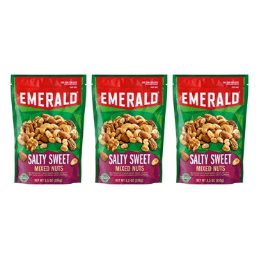Emerald Nuts Salty Sweet Mixed Nuts, Features Kettle Glazed Peanuts, Almonds, Cashews, Kettle Glazed Walnuts, Kettle Glazed Pecans, 5.5 oz, Resealable Bag, (Pack of 3)