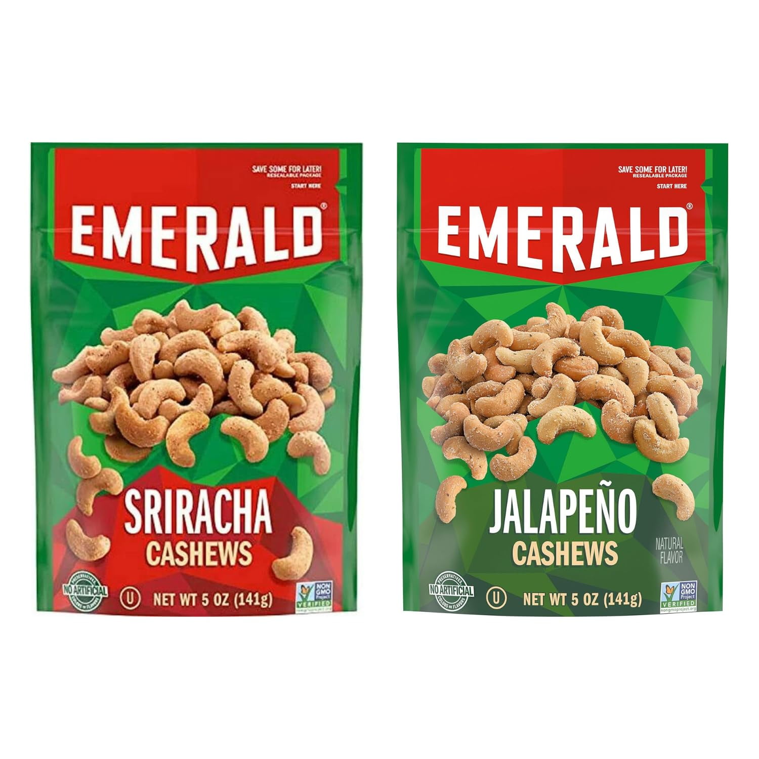 Emerald Nuts Siracha Cashews 5.5 Oz + Jalapeno Flavored Cashews 5.5 Oz ...